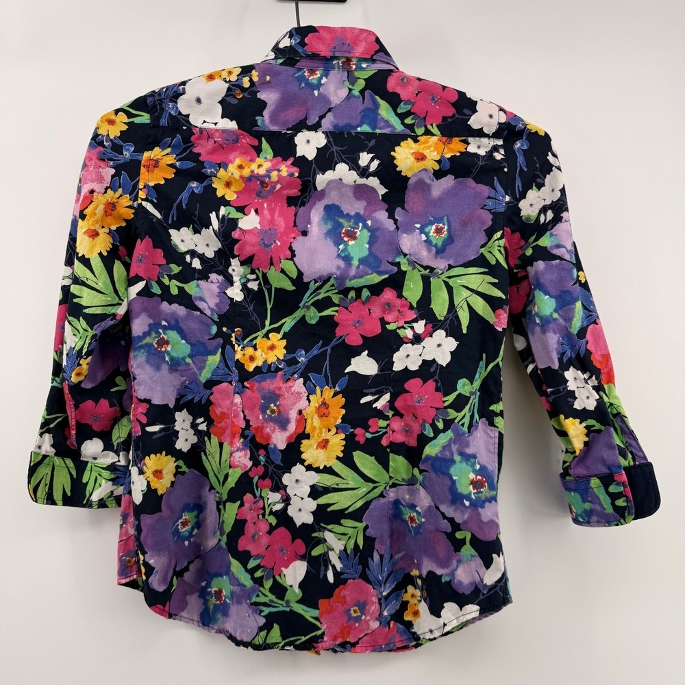 Lauren Ralph Lauren Button Down Blouse Shirt Womens S Navy Blue Colorful Floral - Picture 2 of 11